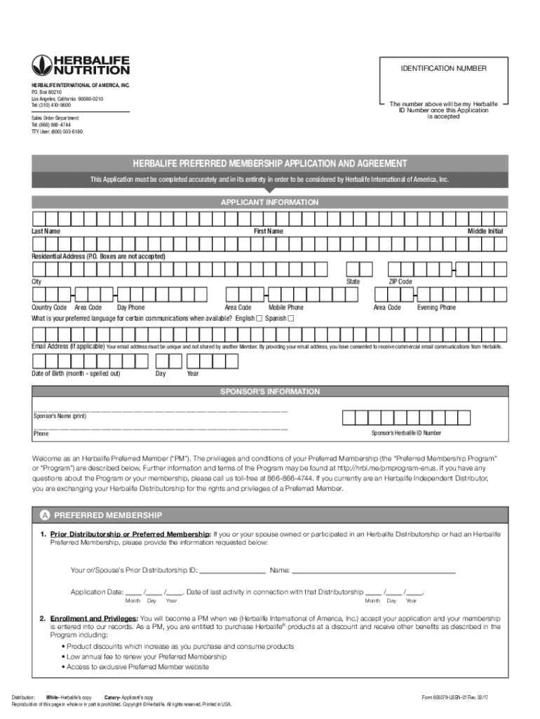 Herbalife Preferred Membership Application and Agreement Preview on Page 1