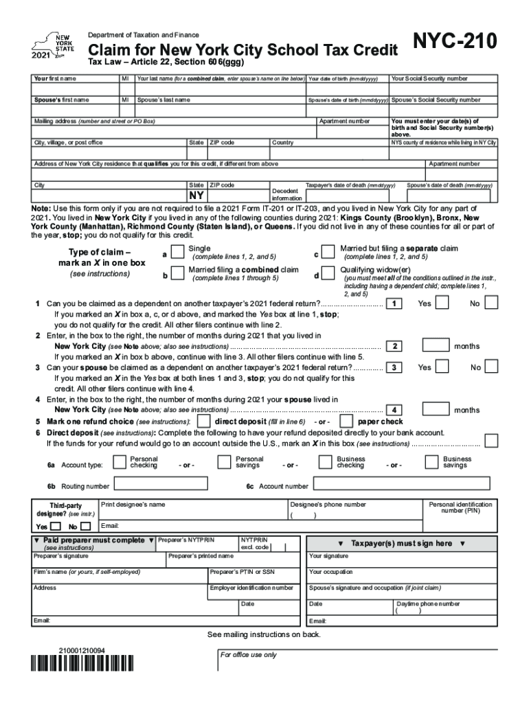 nyc 210 form 2023 printable Preview on Page 1