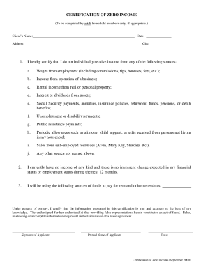 CERTIFICATION OF ZERO INCOME. CERTIFICATION OF ZERO INCOME