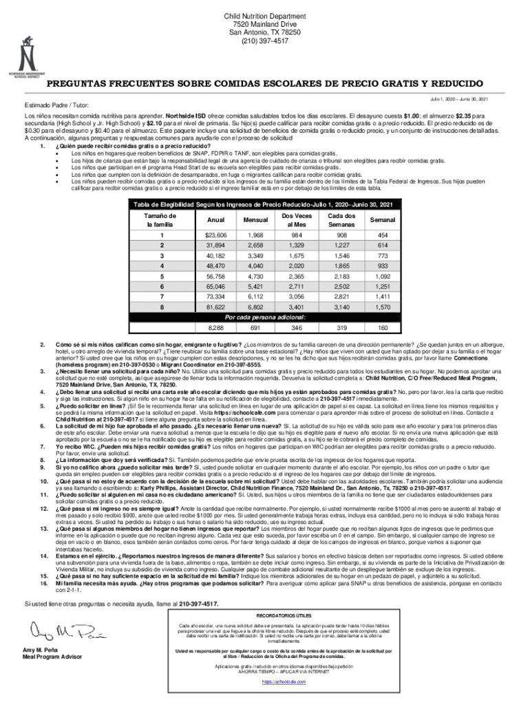 Fillable Online NISD Child Nutrition Free & ReducedPrice Meal
