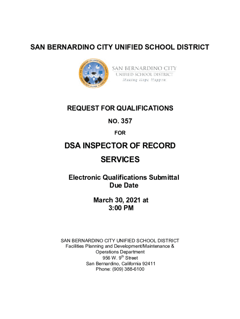 Fillable Online DSA INSPECTOR OF RECORD SERVICES SBCUSD Facilities