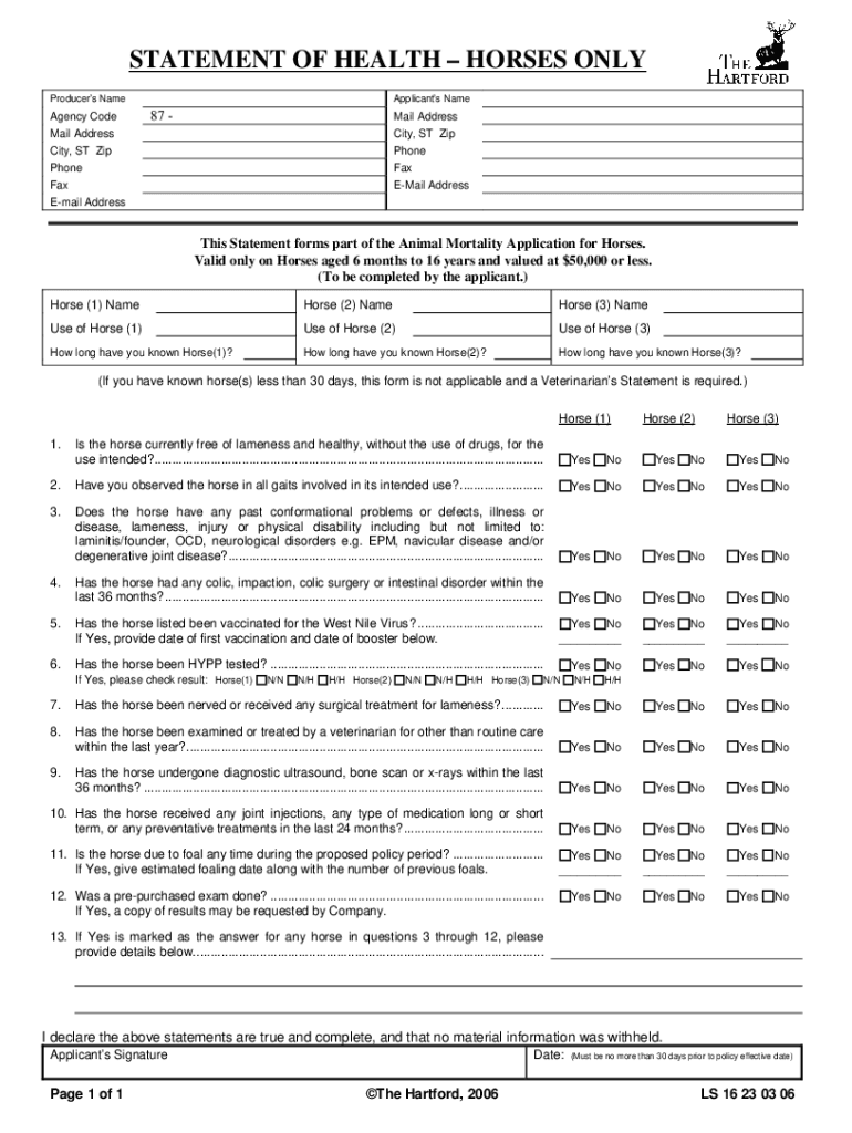 Fillable Online STATEMENT OF HEALTH FOR HORSE MORTALITY Fax Email