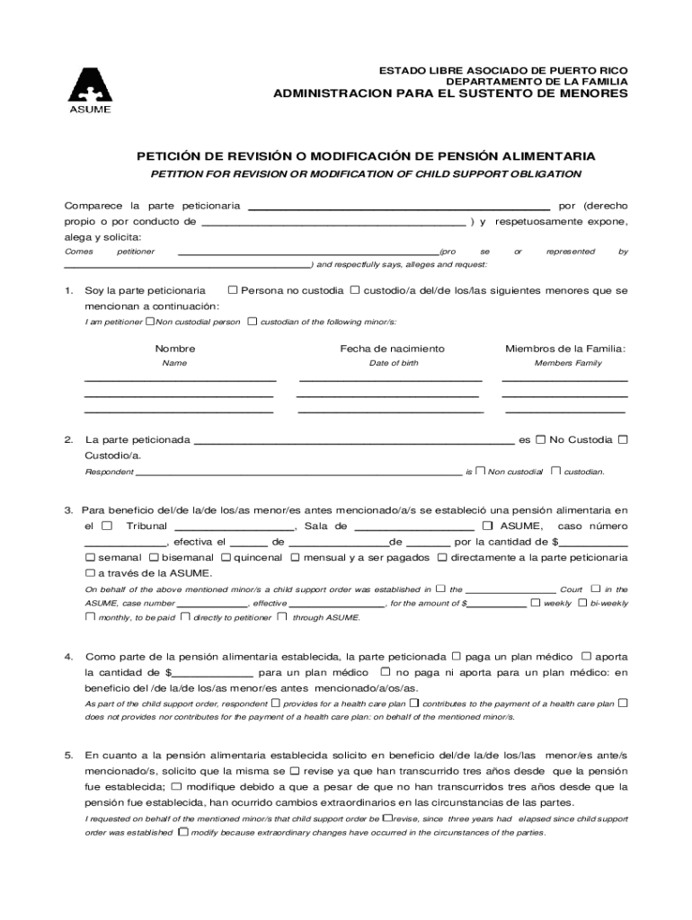Puerto Rico Child Support Modification Petition Preview on Page 1