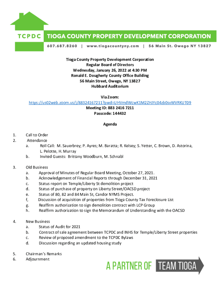 Fillable Online Tioga County Property Development Corporation Regular