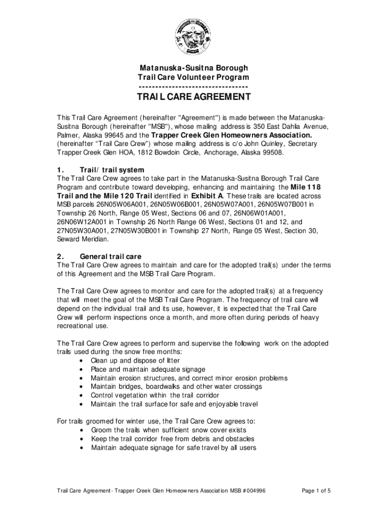 Fillable Online TRAIL CARE AGREEMENT Trapper Creek Glen Homeowners