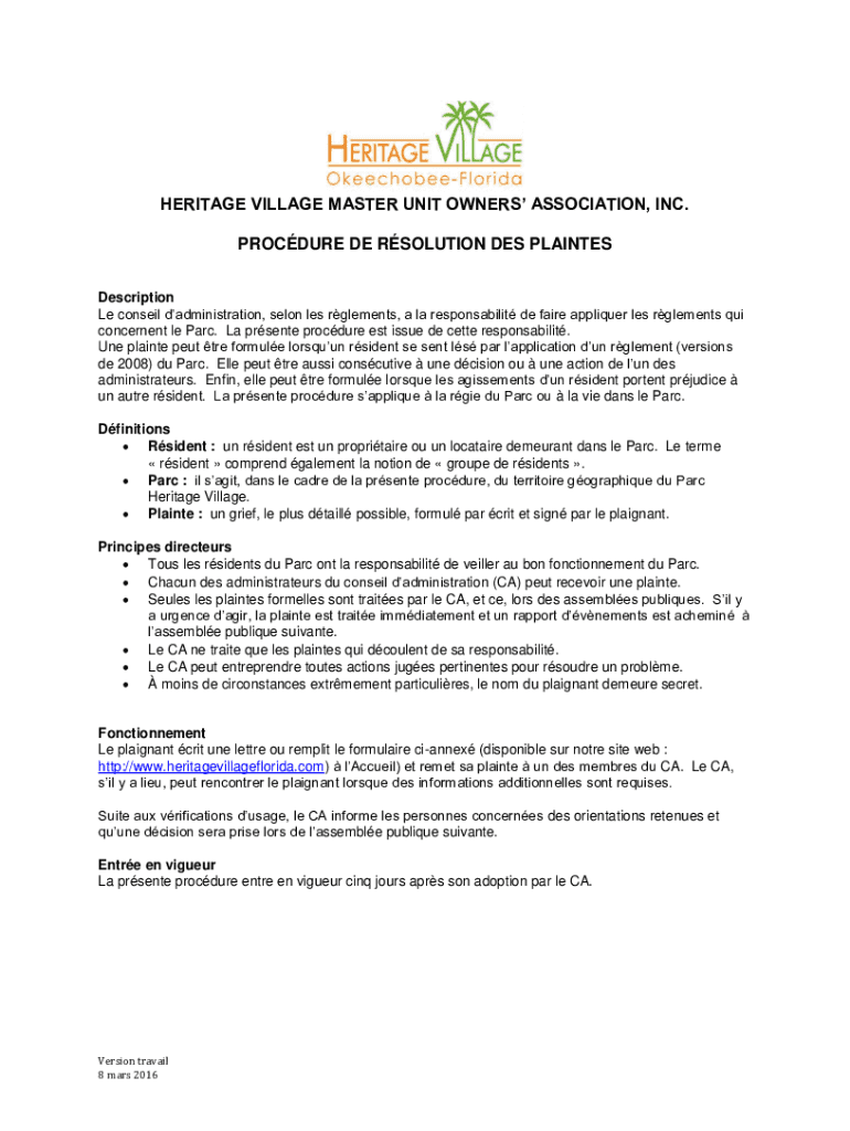 Fillable Online PDF HERITAGE VILLAGE MASTER UNIT OWNERS' ASSOCIATION