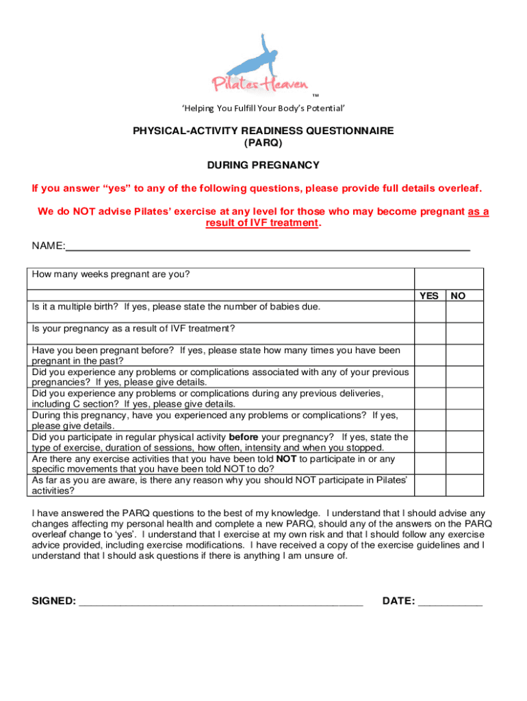 Fillable Online PDF physical-activity readiness questionnaire (parq) during pregnancy Fax Email ...