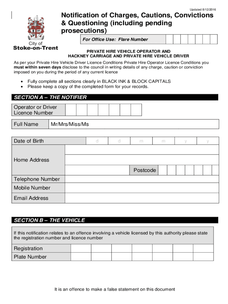 webapps stoke ukuploadedfilesTaxiChargesNotification of Charges, Cautions, Convictions and Questioni Preview on Page 1