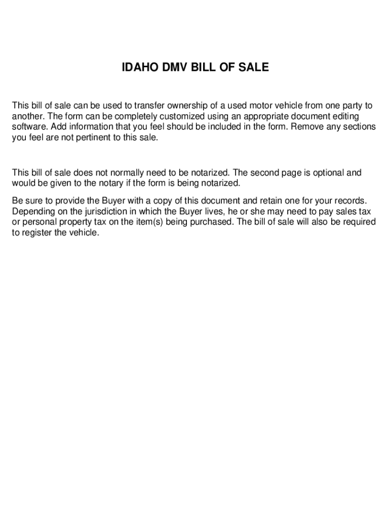 Fillable Online Free Idaho Motor Vehicle Bill of SaleForm ITD 3738