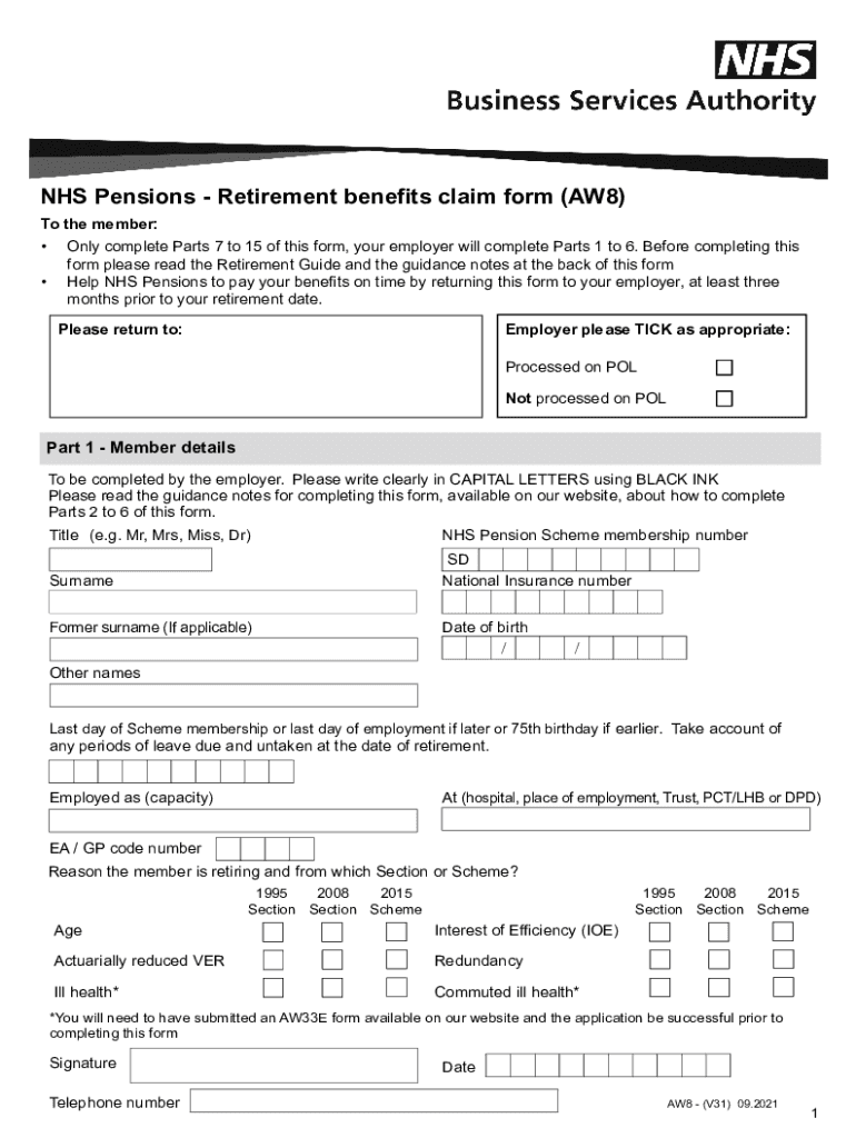 NHS Pensions Retirement benefits claim form (AW8) Preview on Page 1