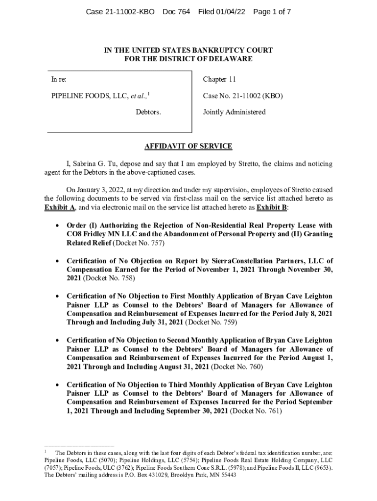 Fillable Online PIPELINE FOODS, LLC, et al.,1 Debtors. Chapter 11 Case