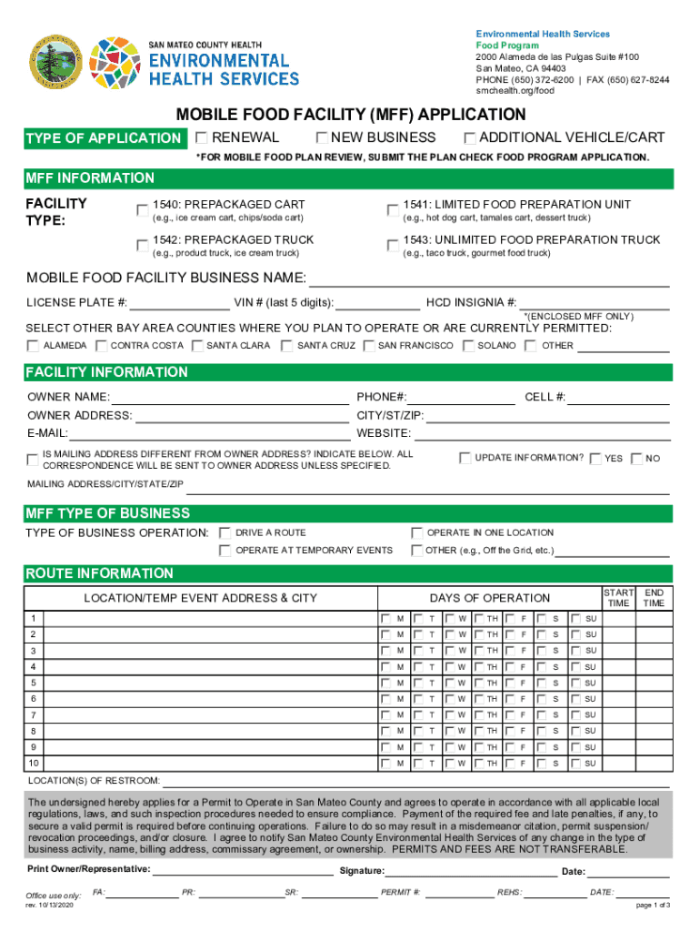 MOBILE FOOD FACILITY (MFF) APPLICATION - San Mateo County Preview on Page 1