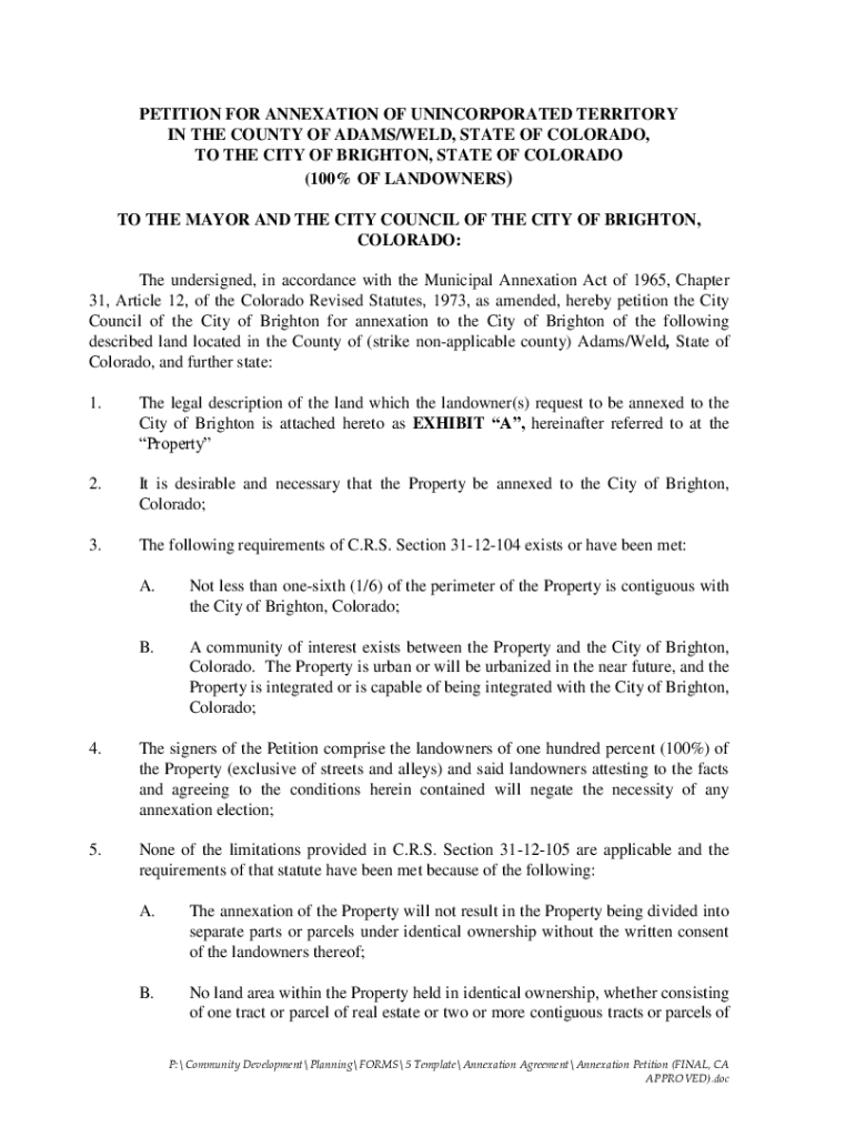 Fillable Online PETITION FOR ANNEXATION OF UNINCORPORATED TERRITORY IN