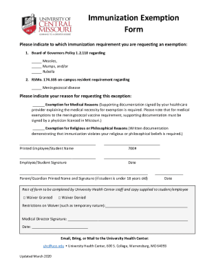 Fillable Online PDF Immunization Exemption Form - University of Central ...