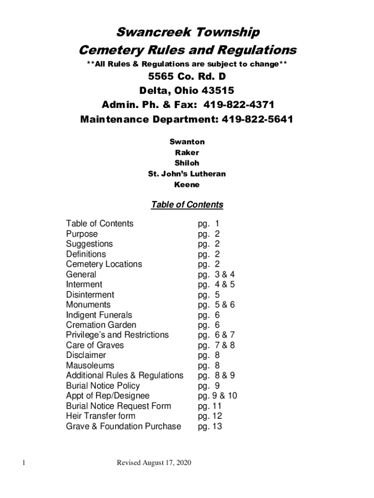 Fillable Online Fillable Online Cemetery Rules and Regulations