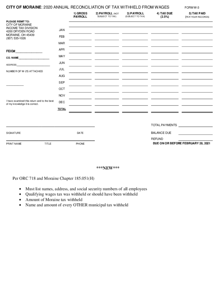 Fillable Online city of moraine 2020 individual tax return instructions Fax Email Print