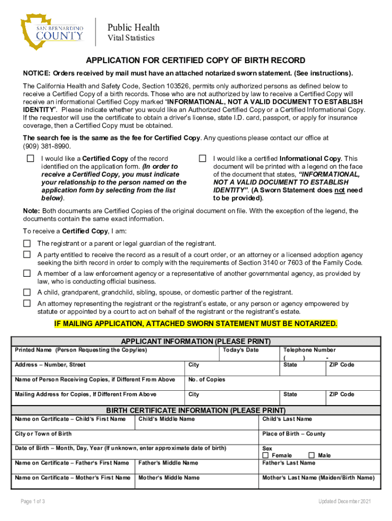 Application for Certified Copy of Birth Record - San Benito ... Preview on Page 1