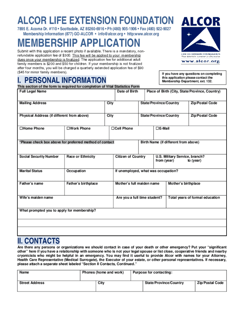 Fillable Online PDF alcor life extension foundation membership application Fax Email Print