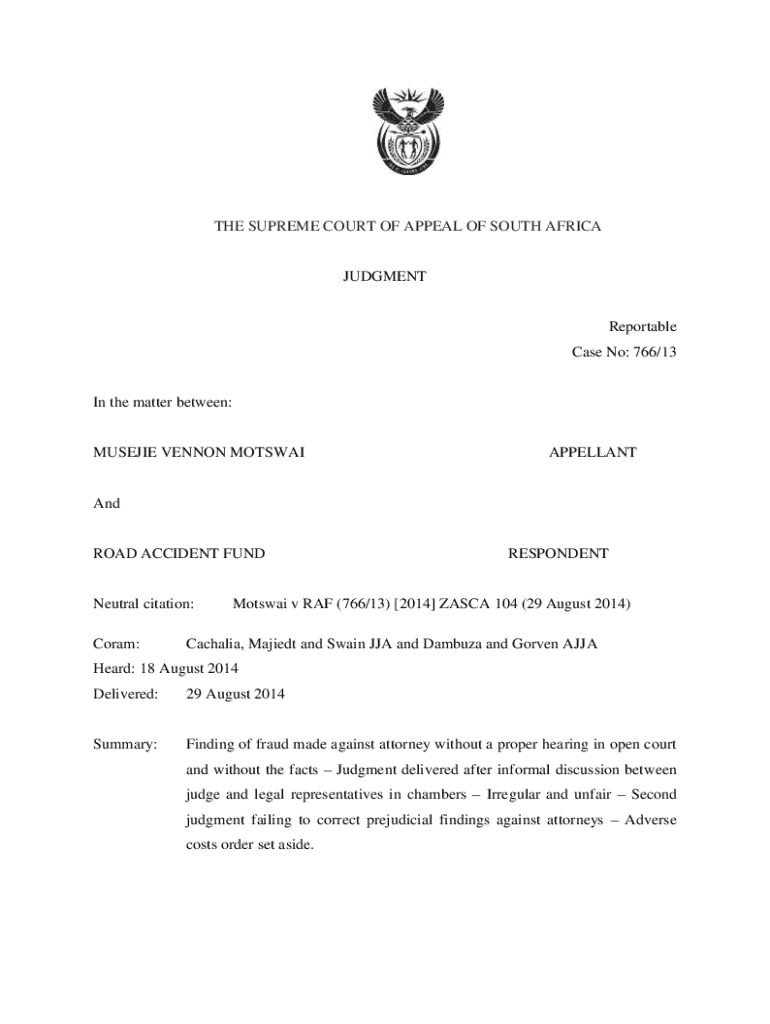 Fillable Online Motswai v Road Accident Fund Fax Email Print pdfFiller