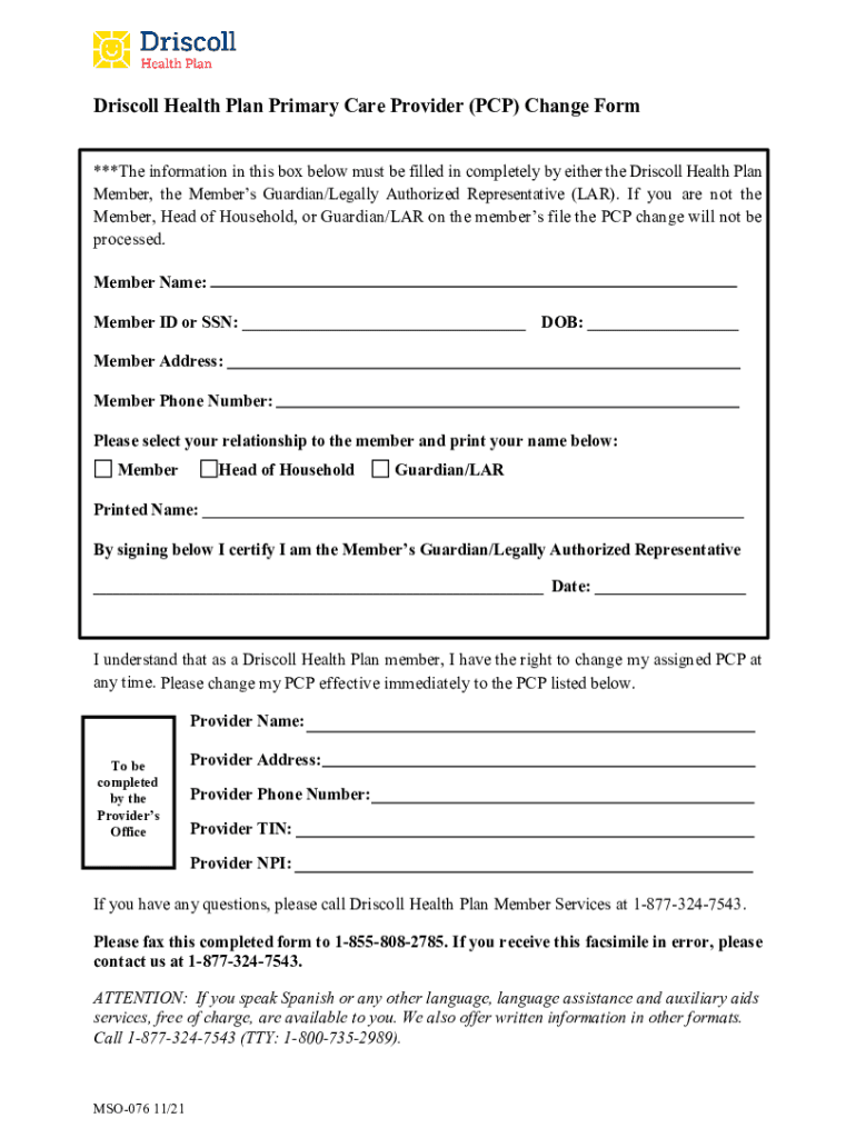 Fillable Online Driscoll Health Plan Primary Care Provider (PCP) Change Form Fax Email Print