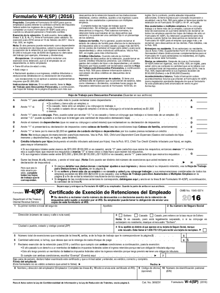 Fillable Online 2016 Form W-4(SP). Employee's Withholding Allowance ...
