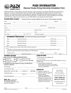 PADI Discover Scuba Diving Internship Completion Form
