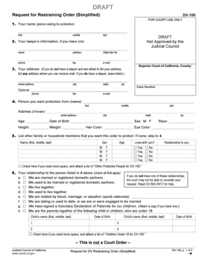 Request for Restraining Order (Simplified) DV-100