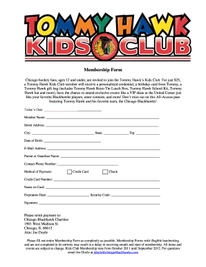 Tommy Hawk Kids Club Membership Form