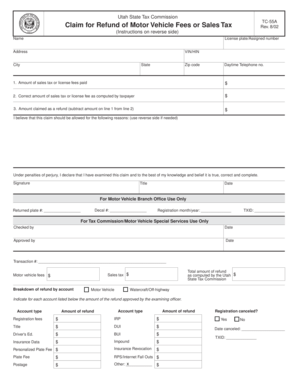 Utah Motor Vehicle Fee or Sales Tax Refund Claim