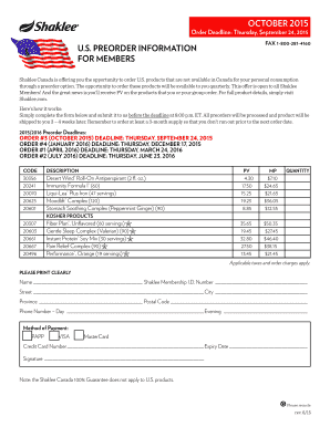Shaklee Canada US Product Preorder Form