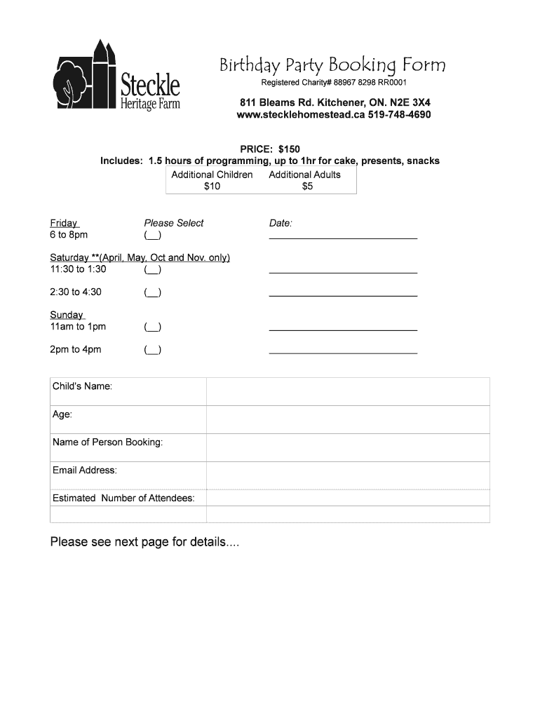 Fillable Online Birthday Party Booking Form - Steckle Heritage Farm Fax ...