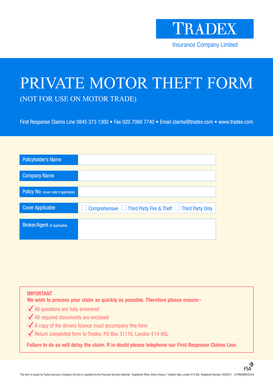 Private Motor Theft Insurance Claim Form