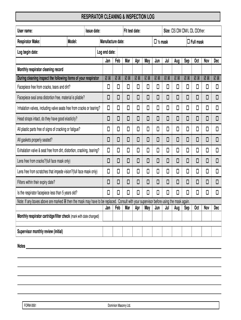 respirator inspection log Preview on Page 1