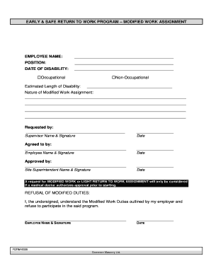 Early & Safe Return to Work Program Modified Work Assignment