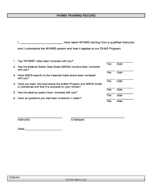 Sample of likert scale questionnaire - Form-0018 - WHMIS Training Record. Employer 's report of injury or occupational disease