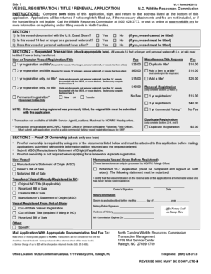 North Carolina Vessel Registration Title Renewal Application