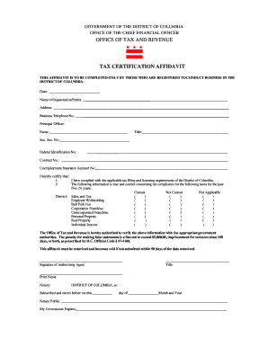 District of Columbia Tax Certification Affidavit