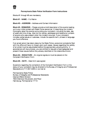 Pennsylvania State Police Complaint Verification Form