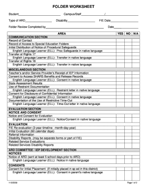 Special Education Folder Worksheet