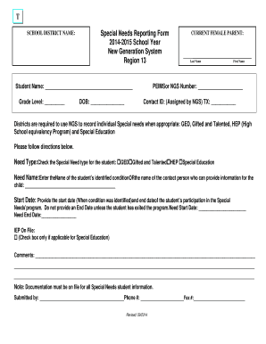 Special Needs Reporting Form