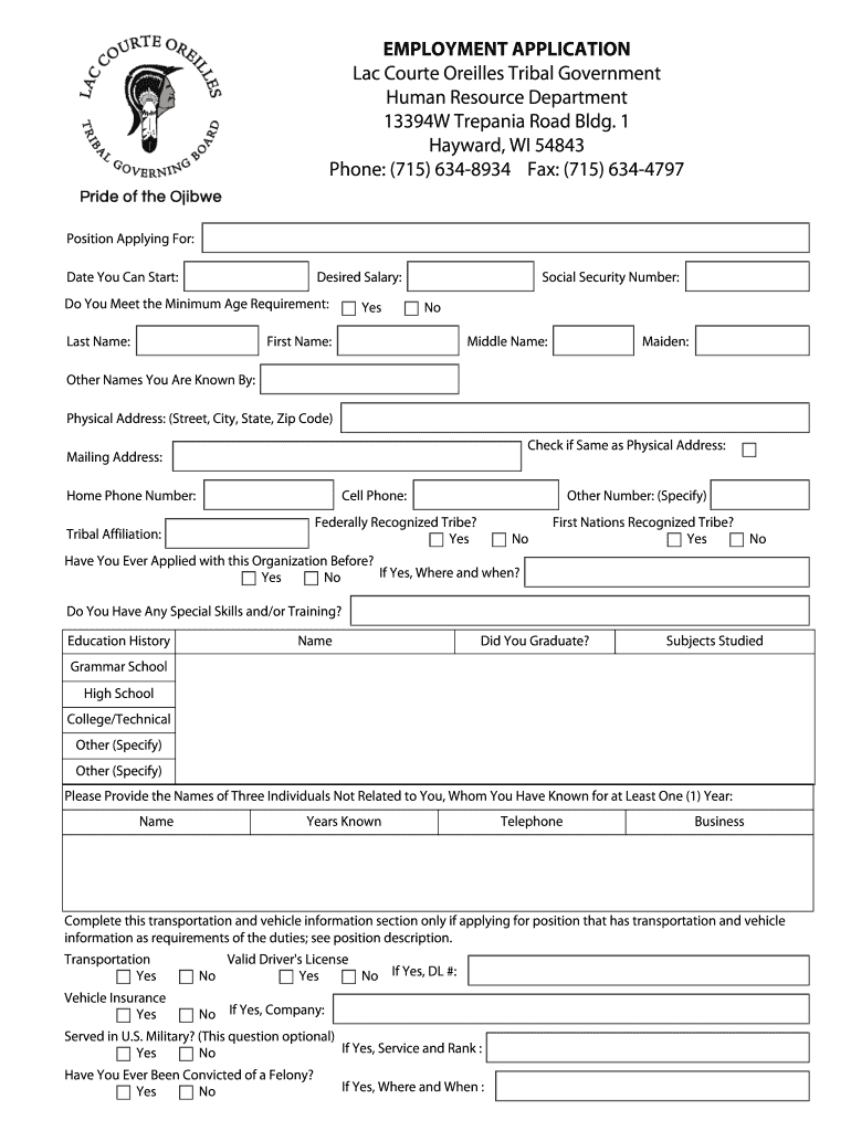 Fillable Online EMPLOYMENT APPLICATION Lac Courte Oreilles Tribal