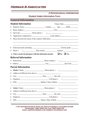 Student Intake Information Form