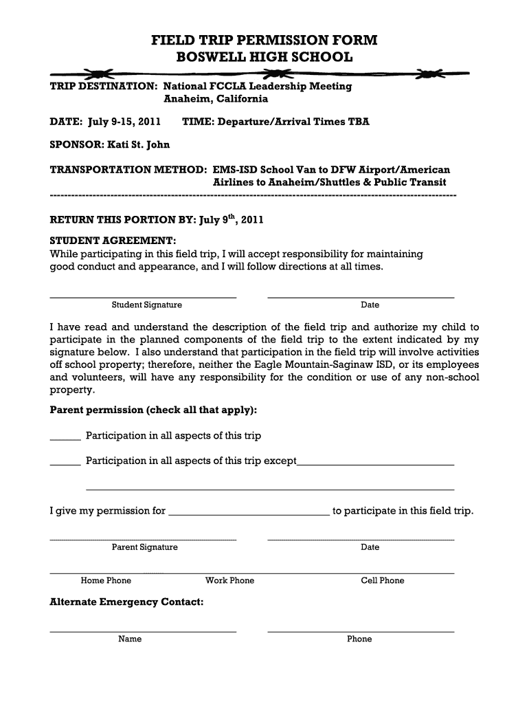 field trip permission slip template Preview on Page 1