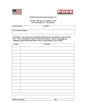 PODS Household Goods Inventory List