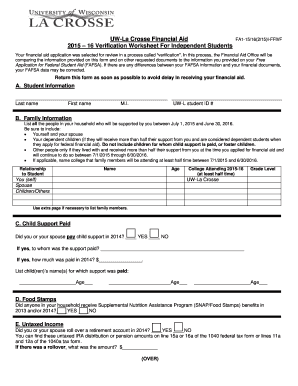 2015-16 Verification Worksheet For Independent Students