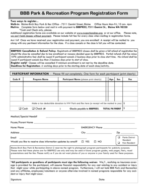 BBB Park & Recreation Program Registration Form