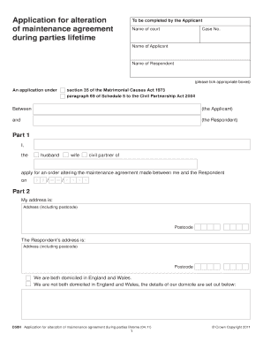 Application for Alteration of Maintenance Agreement