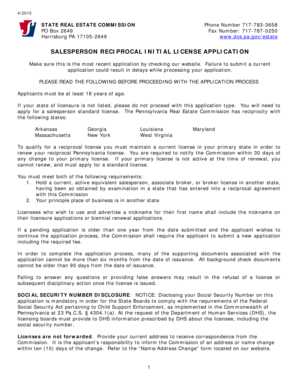 Pennsylvania Salesperson Reciprocal Initial License Application