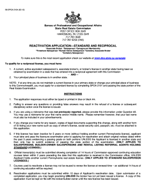 Pennsylvania Real Estate License Reactivation Application