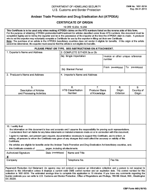 Andean Trade Promotion Certificate of Origin